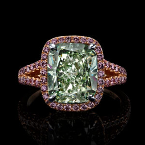 4.31 CARAT CUSHION FANCY INTENSE GREEN DIAMOND RING